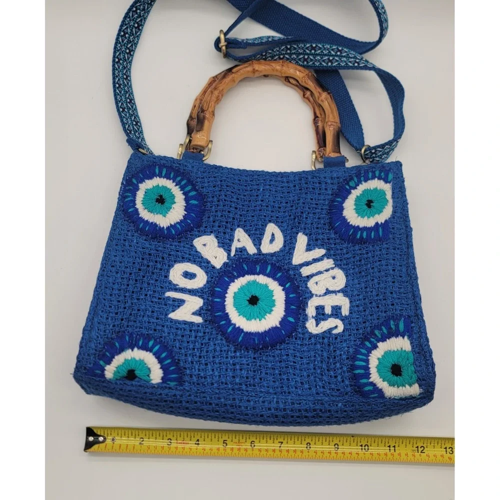 No Bad Vibes Blue Jute Tote Bag Bamboo Handle Crossbody Purse India